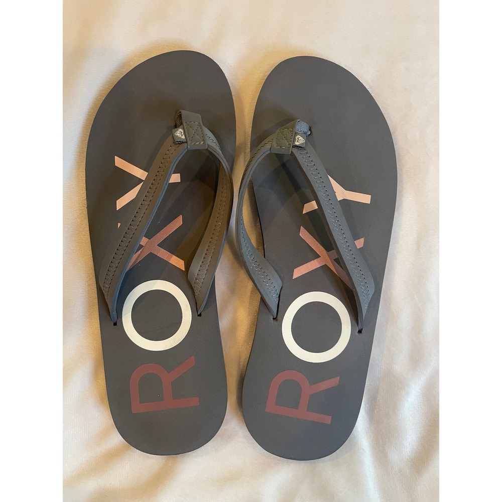 Roxy Womens Grey Logo Print Flip Flop Sandals Beach Pool Thong Shoes